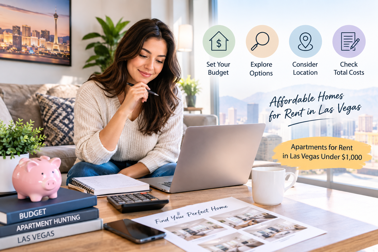 Woman planning her apartment budget with a laptop, calculator, and savings while searching for affordable homes for rent in Las Vegas.