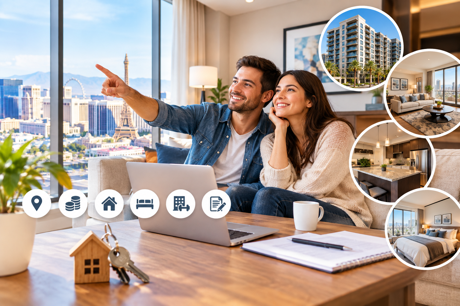 Couple exploring luxury apartments for rent in Las Vegas while comparing apartment interiors, amenities, and locations.